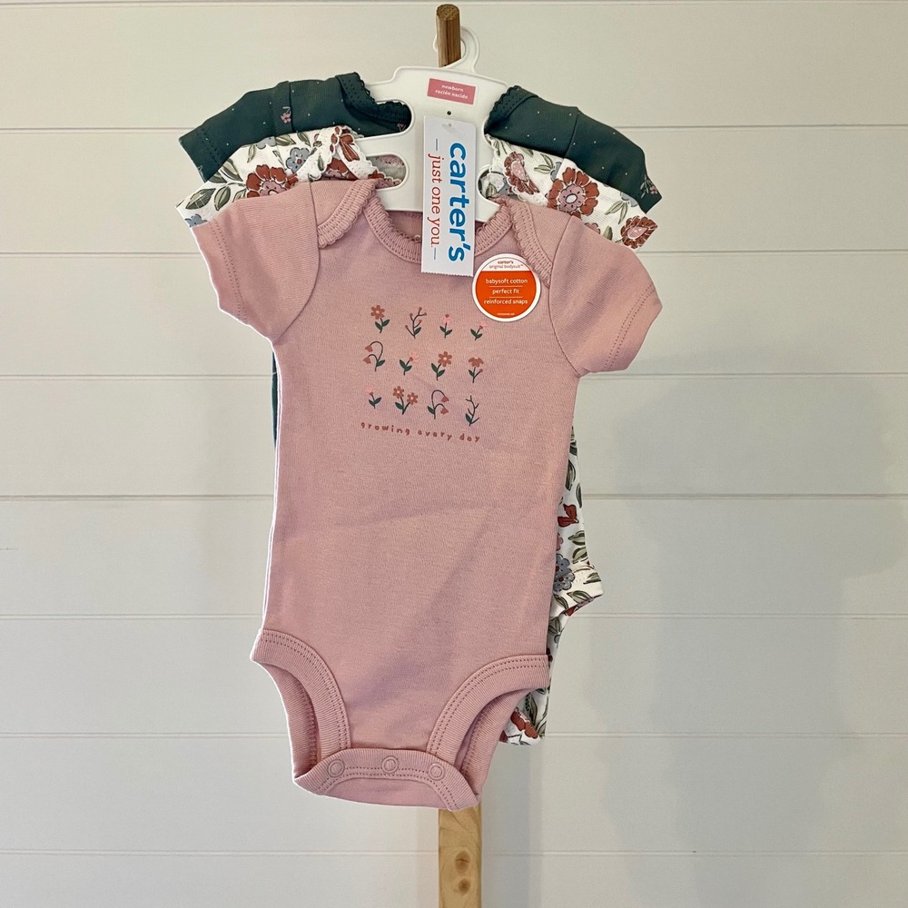 Carters Just One You Newborn Baby Girl 3 Pack Floral Cotton Bodysuits Pink Green